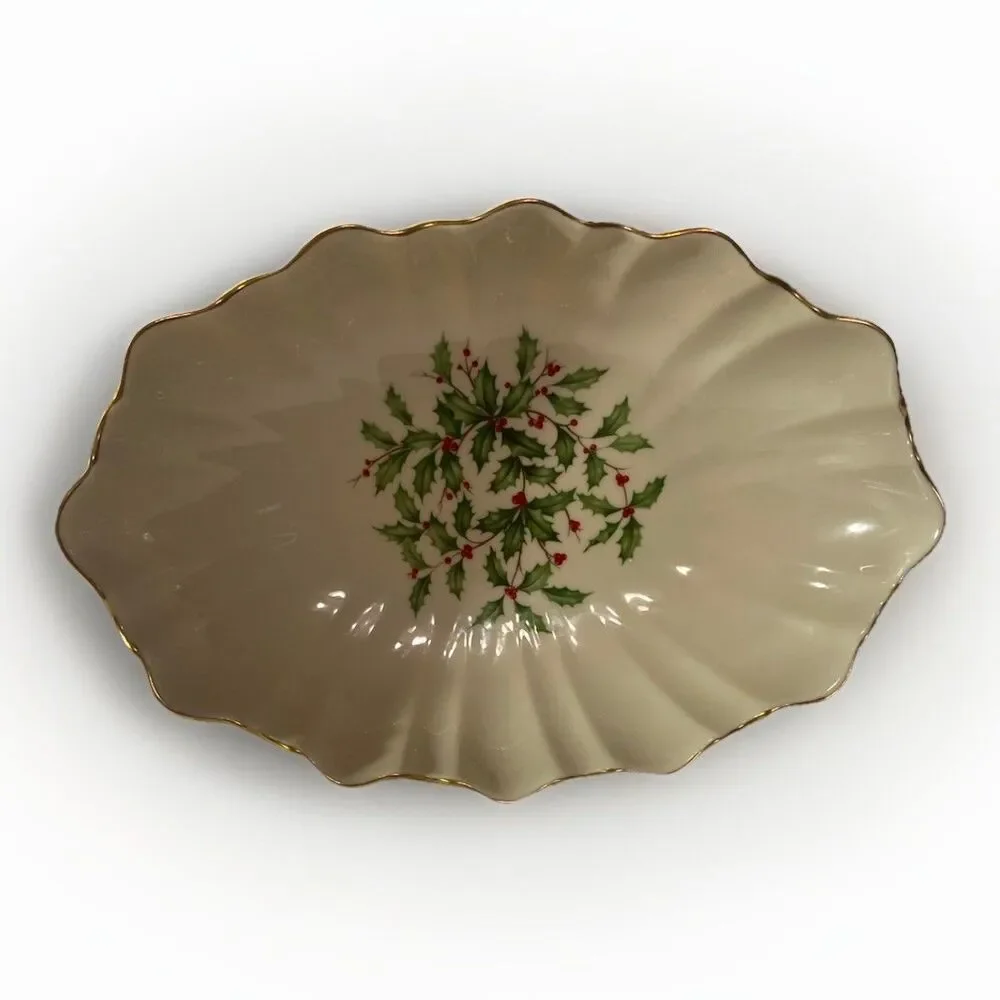 Vintage Lenox Holly And Berry Christmas Centerpiece Bowl Footed With Gold Trim